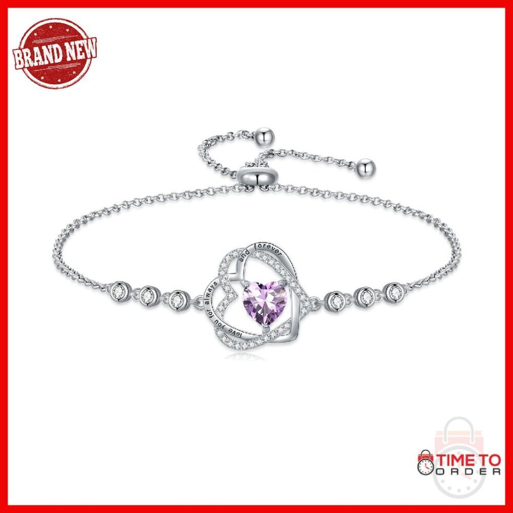 Sterling Silver Double Heart Bracelet Adjustable Chain Birthstone Jewelry